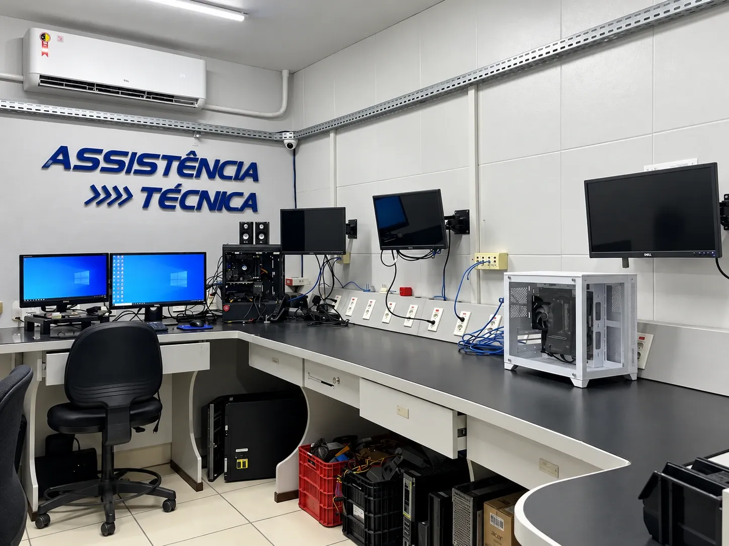 Bancada da oficina de assistência técnica da Bluinfo